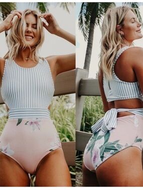Albion Island Fever Pink Floral Stripe Castaway One Piece Swimsuit Tie Back M